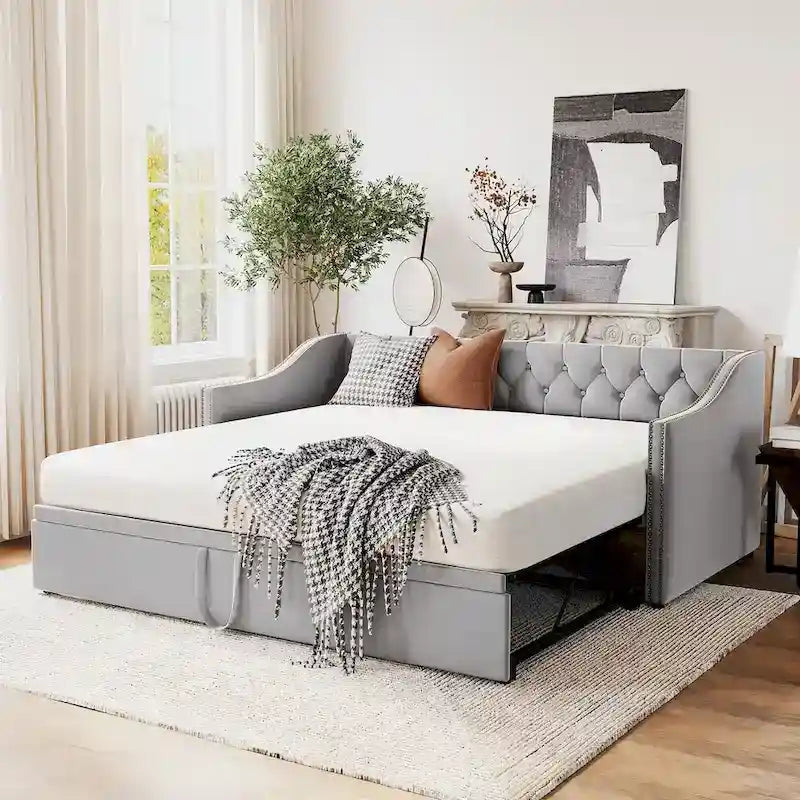 Diván tapizado tamaño twin con cama nido desplegable