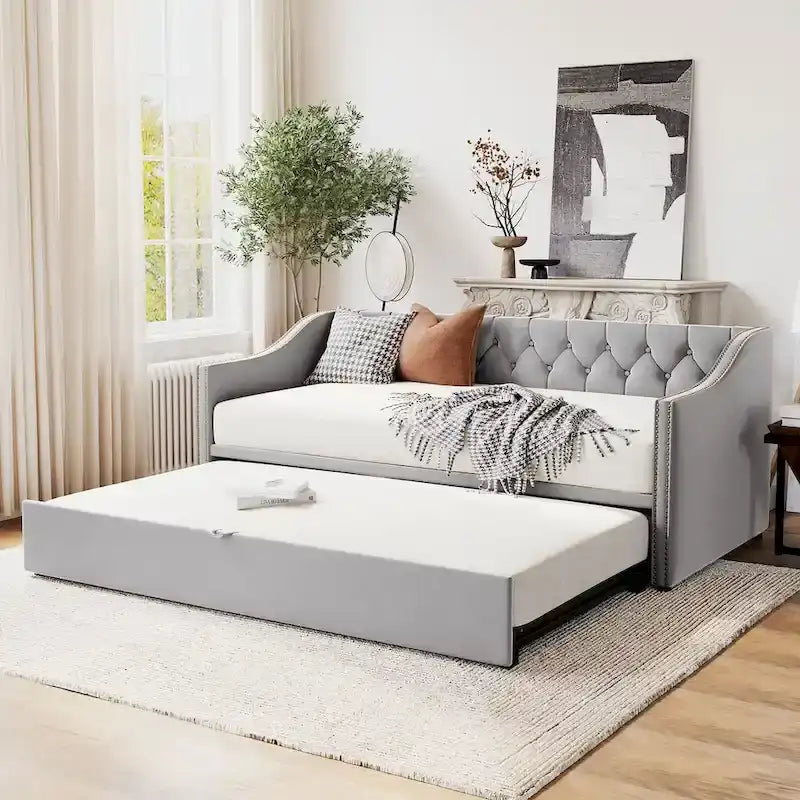 Diván tapizado tamaño twin con cama nido desplegable