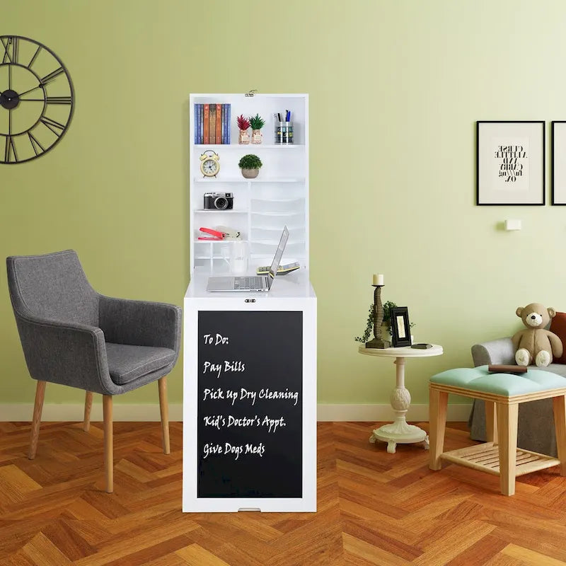 Bureau pliant rabattable avec meuble de rangement et étagères inférieures, bureau d’ordinateur avec rangement, blanc