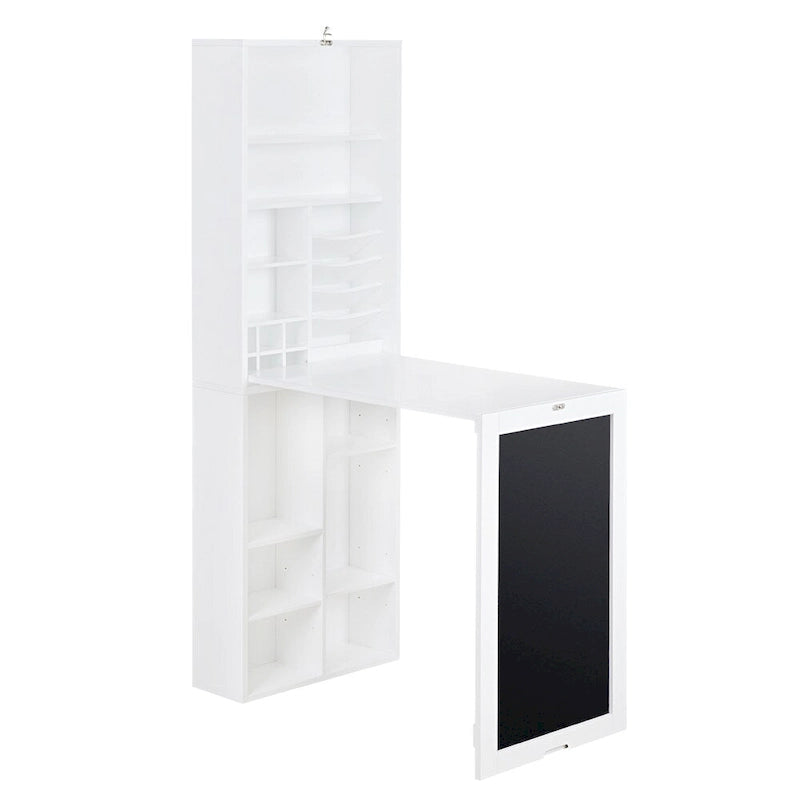 Bureau pliant rabattable avec meuble de rangement et étagères inférieures, bureau d’ordinateur avec rangement, blanc