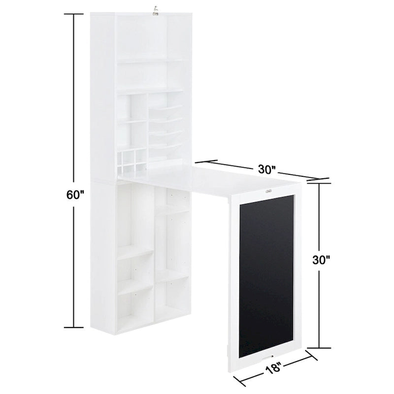 Escritorio plegable abatible con armario de almacenamiento y estantes inferiores, escritorio para computadora con almacenamiento, blanco