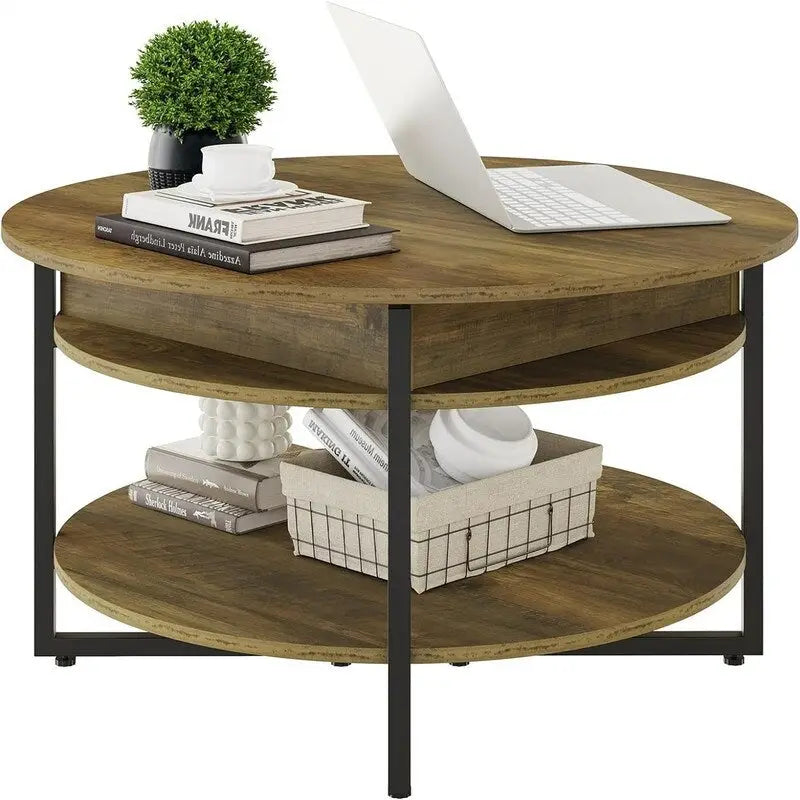Mesa de centro circular de madera con tapa elevable - 31.5D x 31.5W x 17.35H