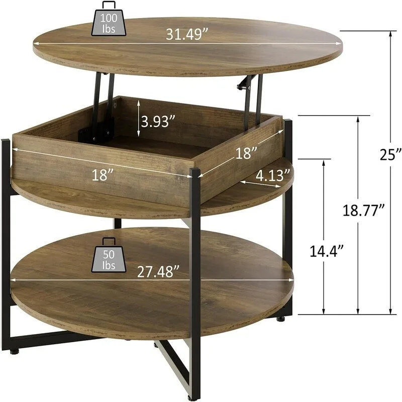 Mesa de centro circular de madera con tapa elevable - 31.5D x 31.5W x 17.35H