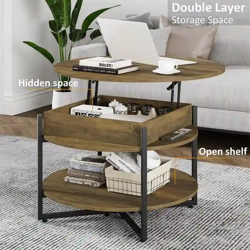 Mesa de centro circular de madera con tapa elevable - 31.5D x 31.5W x 17.35H