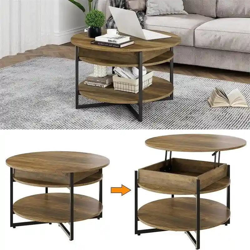 Mesa de centro circular de madera con tapa elevable - 31.5D x 31.5W x 17.35H