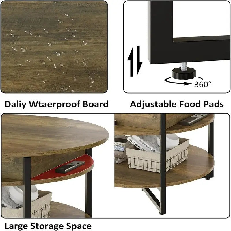 Table basse ronde en bois avec plateau relevable - 31.5D x 31.5W x 17.35H