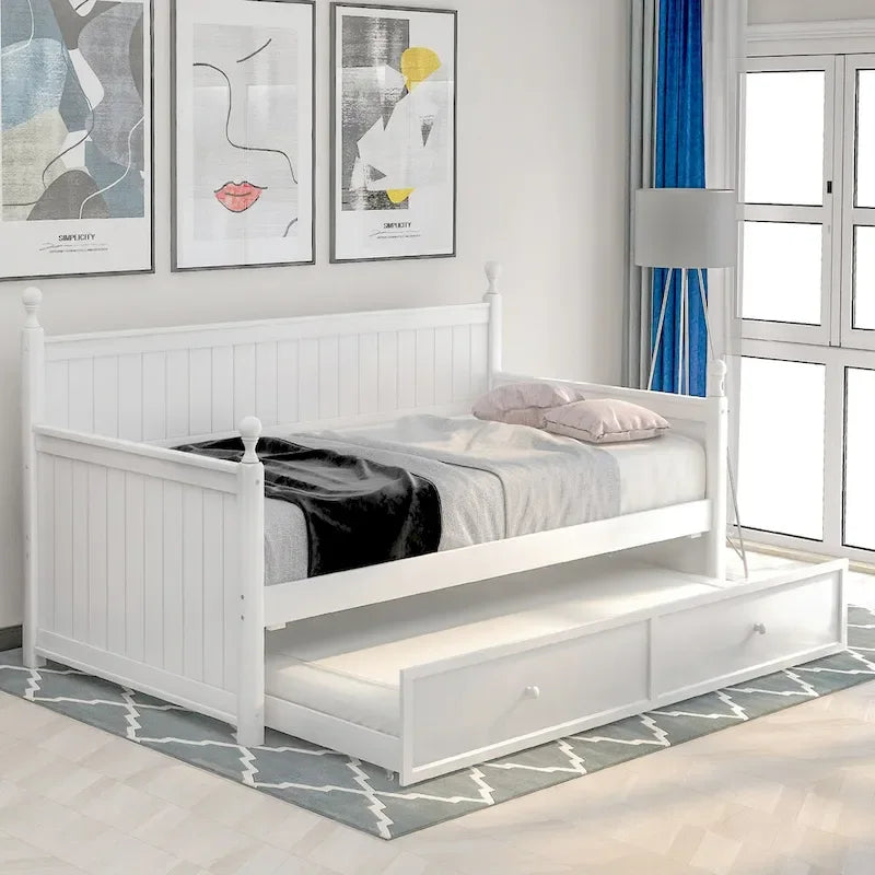 White+Trundle Modern Twin Size Daybed with Trundle & Hidden Storage