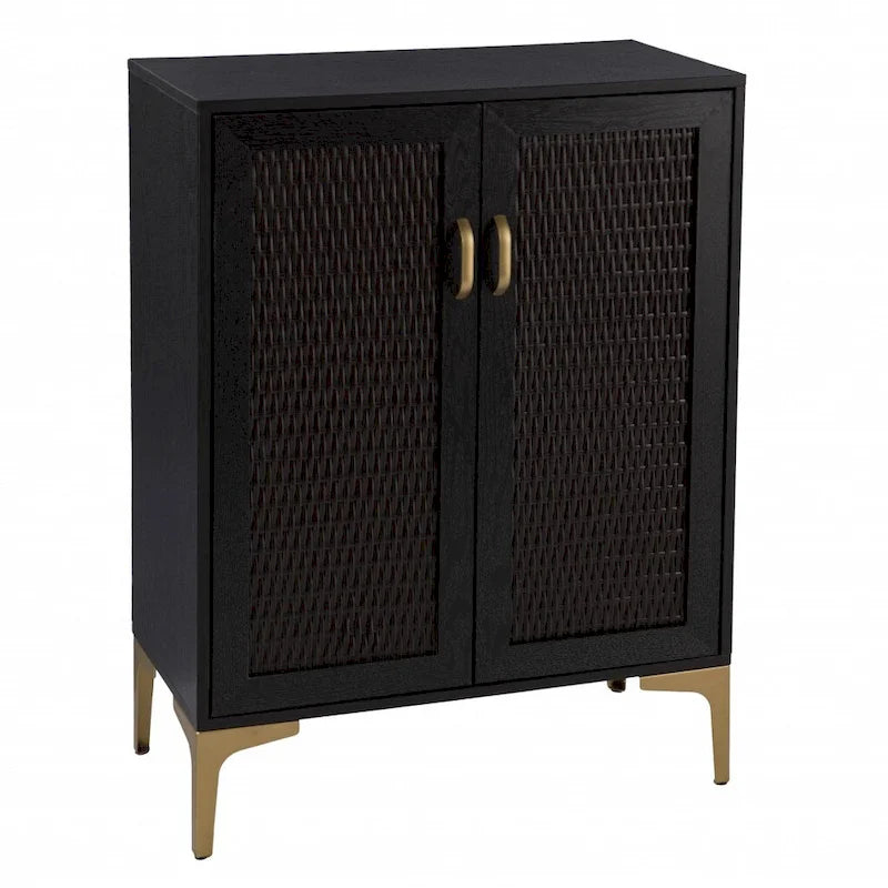 Armoire de bar moderne rustique noire et dorée en faux rotin