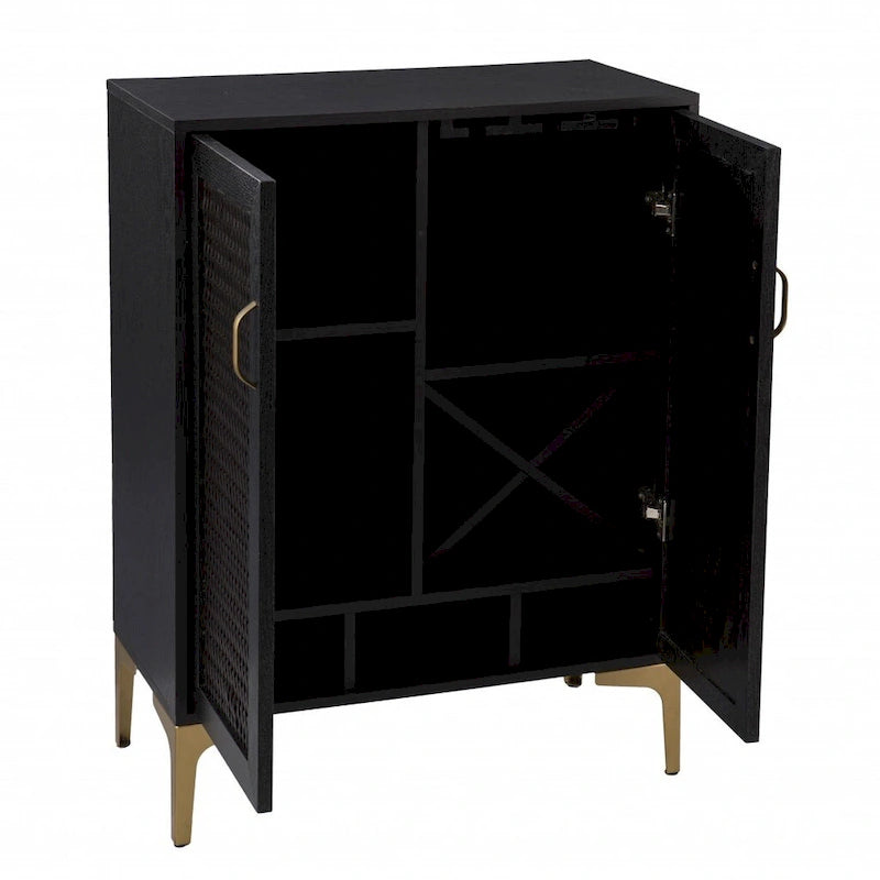 Armoire de bar moderne rustique noire et dorée en faux rotin