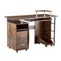 Bureau d’ordinateur en bois massif, table de bureau avec roulettes pour ordinateur, étagères de rangement et classeur, deux tiroirs, support pour unité centrale, une étagère