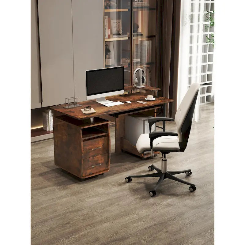 Bureau d’ordinateur en bois massif, table de bureau avec roulettes pour ordinateur, étagères de rangement et classeur, deux tiroirs, support pour unité centrale, une étagère