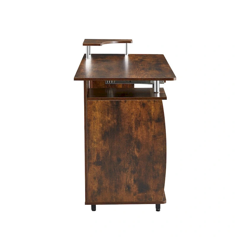 Bureau d’ordinateur en bois massif, table de bureau avec roulettes pour ordinateur, étagères de rangement et classeur, deux tiroirs, support pour unité centrale, une étagère