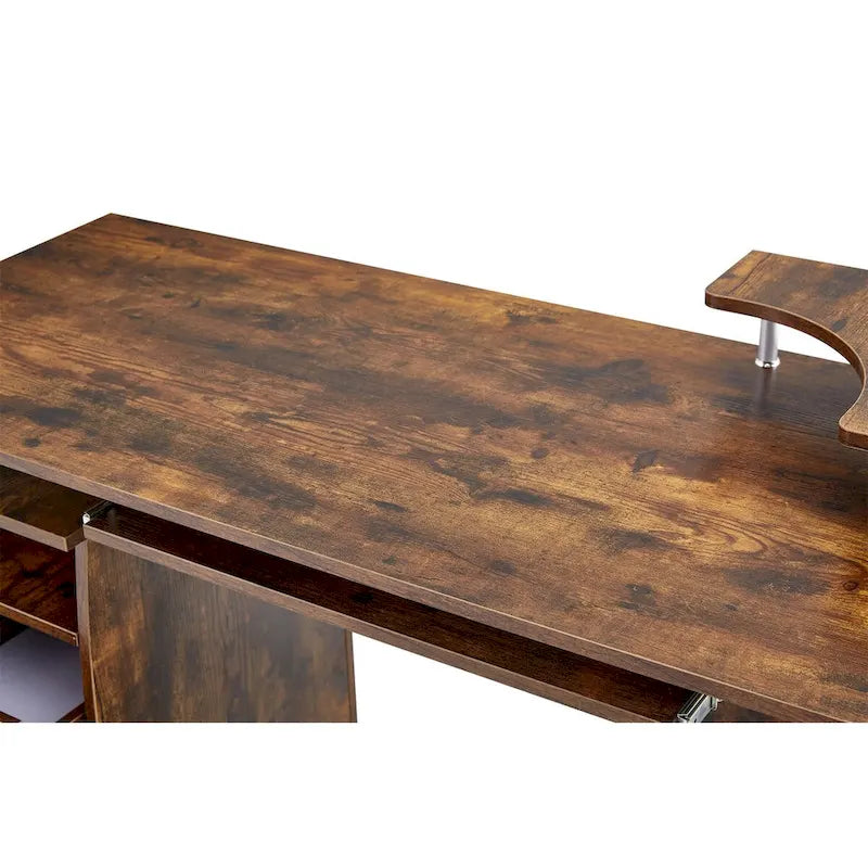 Bureau d’ordinateur en bois massif, table de bureau avec roulettes pour ordinateur, étagères de rangement et classeur, deux tiroirs, support pour unité centrale, une étagère