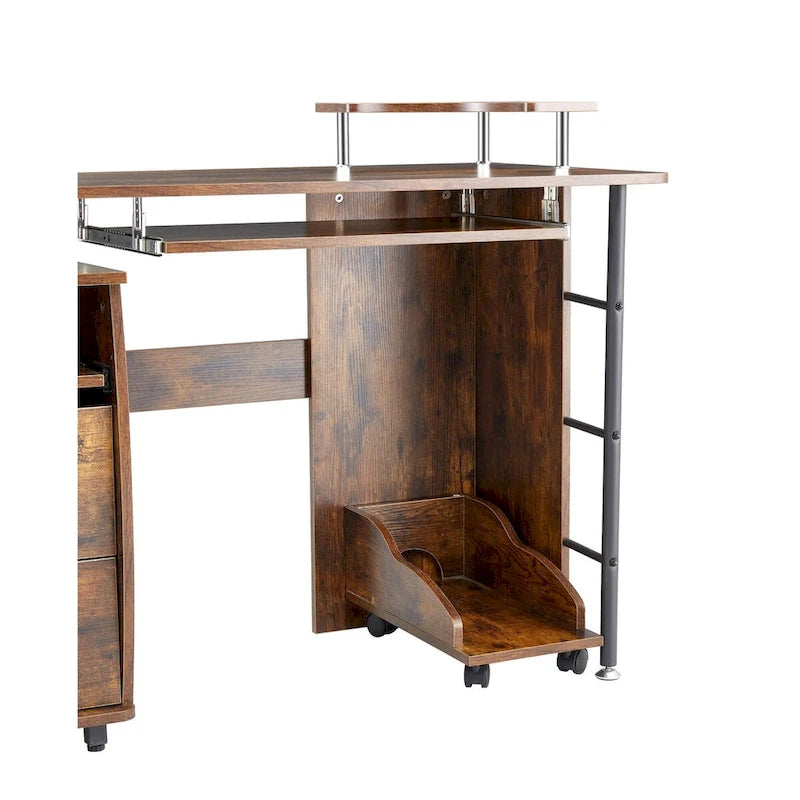 Bureau d’ordinateur en bois massif, table de bureau avec roulettes pour ordinateur, étagères de rangement et classeur, deux tiroirs, support pour unité centrale, une étagère