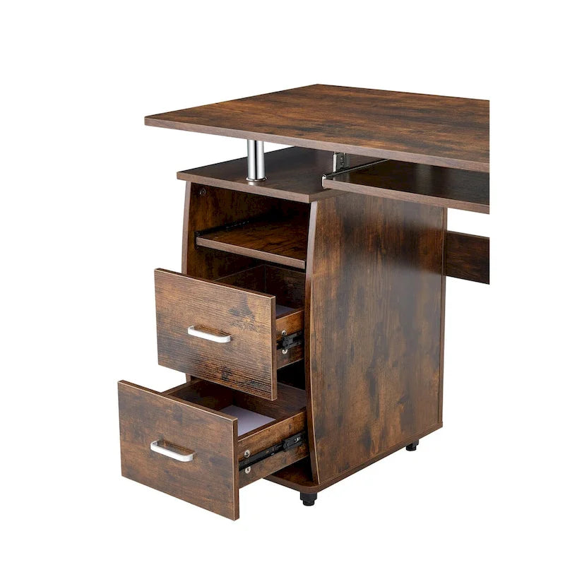 Bureau d’ordinateur en bois massif, table de bureau avec roulettes pour ordinateur, étagères de rangement et classeur, deux tiroirs, support pour unité centrale, une étagère