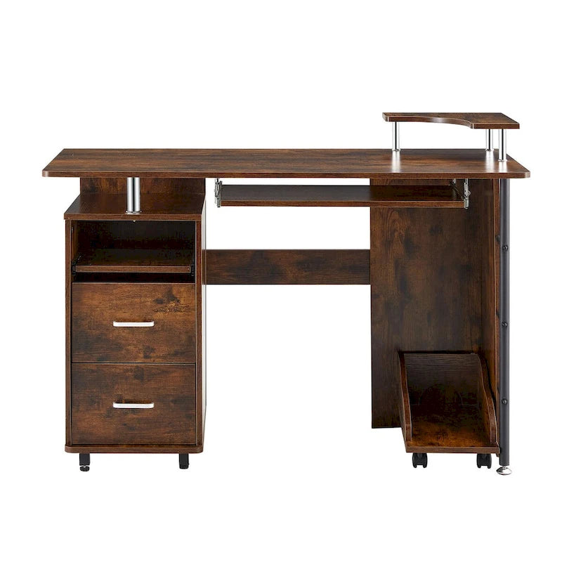 Bureau d’ordinateur en bois massif, table de bureau avec roulettes pour ordinateur, étagères de rangement et classeur, deux tiroirs, support pour unité centrale, une étagère