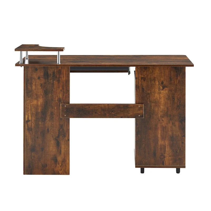 Bureau d’ordinateur en bois massif, table de bureau avec roulettes pour ordinateur, étagères de rangement et classeur, deux tiroirs, support pour unité centrale, une étagère