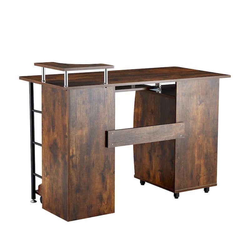 Bureau d’ordinateur en bois massif, table de bureau avec roulettes pour ordinateur, étagères de rangement et classeur, deux tiroirs, support pour unité centrale, une étagère
