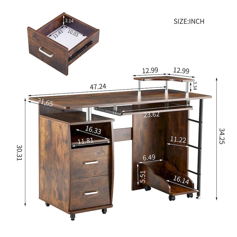 Bureau d’ordinateur en bois massif, table de bureau avec roulettes pour ordinateur, étagères de rangement et classeur, deux tiroirs, support pour unité centrale, une étagère