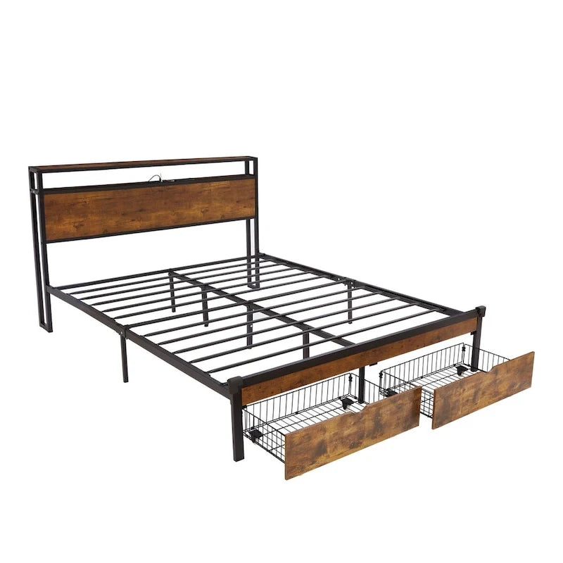 Cadre de lit plateforme en métal format King/Queen/Full avec tête et pied de lit, port USB, station de recharge, 2 tiroirs et éclairage LED